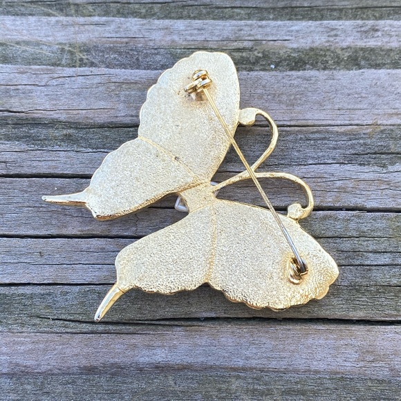 Butterfly brooch pin teal and bronze enameled with faux pearl center - Picture 7 of 9